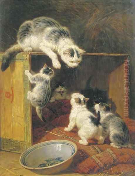 Rebellious kittens Oil Painting by Henriette Ronner-Knip