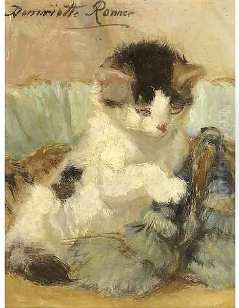 A kitten playing with a tassle Oil Painting by Henriette Ronner-Knip