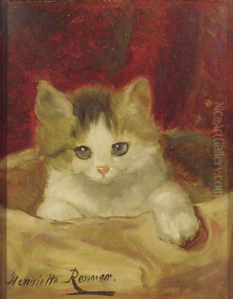 Kitten on a pink cushion Oil Painting by Henriette Ronner-Knip