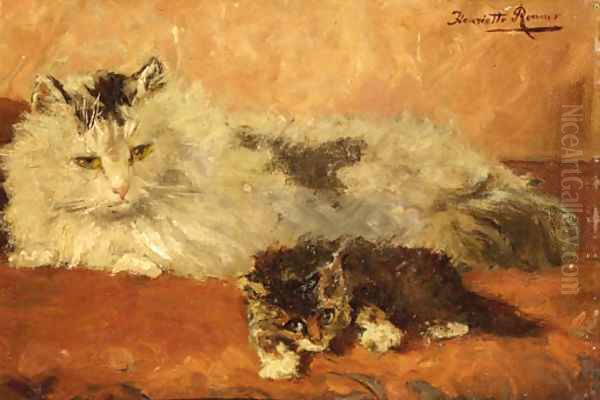 The watchful mother Oil Painting by Henriette Ronner-Knip