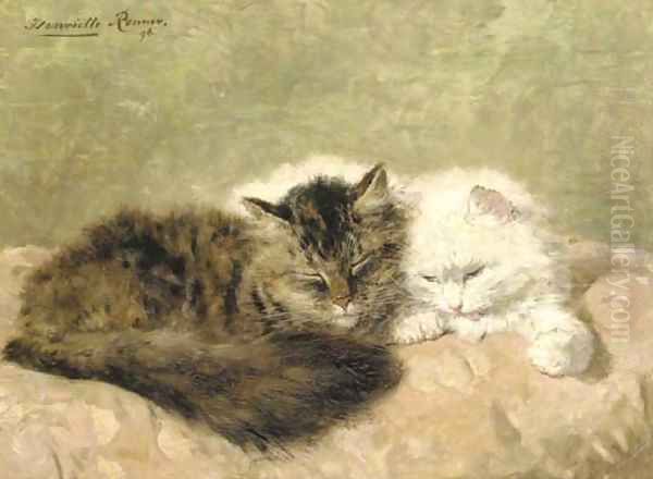 Two cats on a pink pillow Oil Painting by Henriette Ronner-Knip