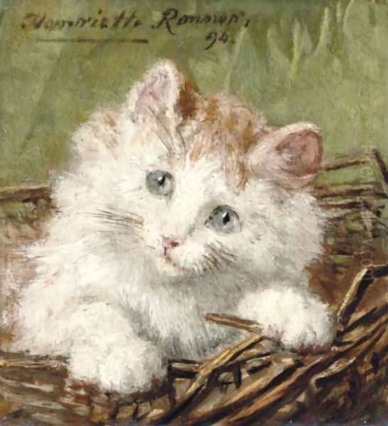 White kitten in a basket Oil Painting by Henriette Ronner-Knip