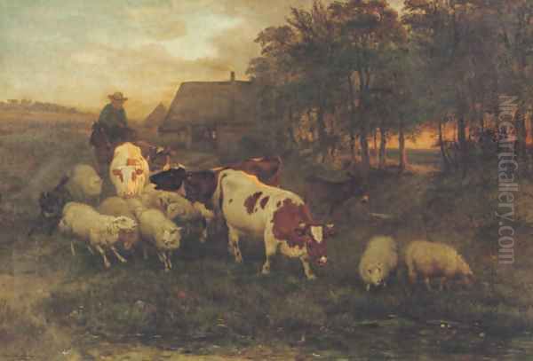 A herdsman and cattle in a Brabantine landscape Oil Painting by Henriette Ronner-Knip