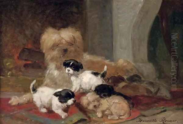 Playing in front of the fire Oil Painting by Henriette Ronner-Knip