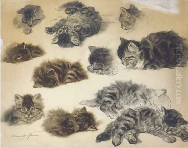 Playful poses Studies of kittens Oil Painting by Henriette Ronner-Knip