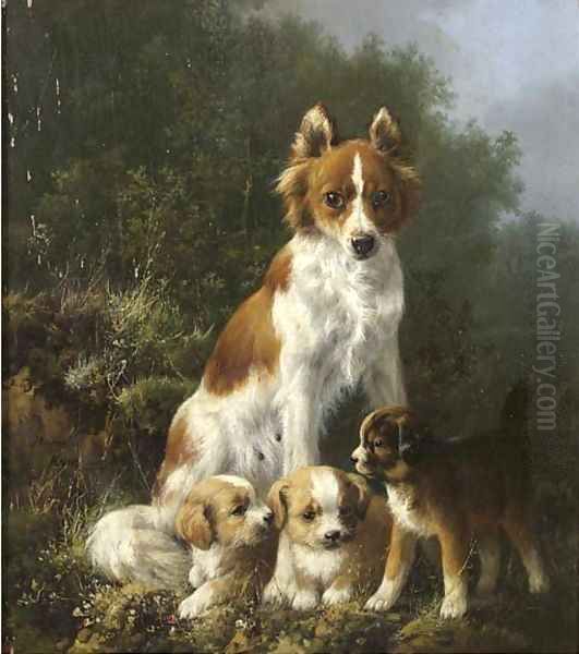 Three pups and their mother Oil Painting by Henriette Ronner-Knip