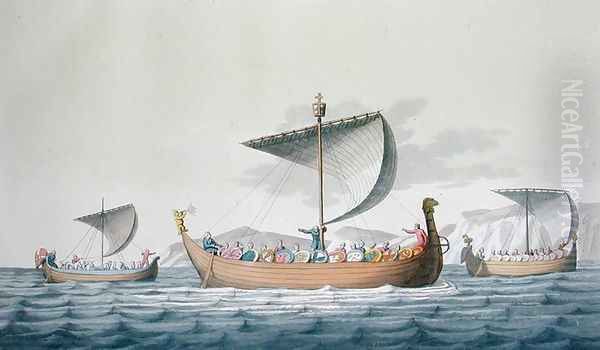 Fleet of William the Conqueror, 1066, plate 8 from Le Costume Ancien et Moderne by Jules Ferrario, published c.1820s-30s by Vittorio Raineri