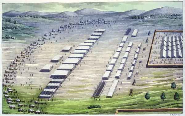 Roman camp in Celtic Germania, as described by Tacitus, from Le Costume Ancien et Moderne by Jules Ferrario, published c.1820s-30s Oil Painting by Vittorio Raineri