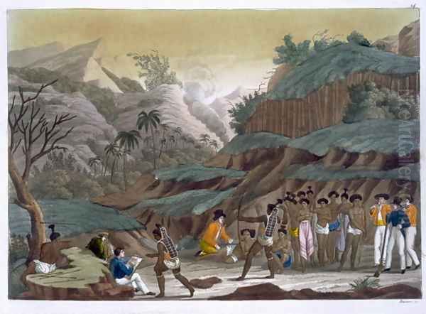 First Meeting of French Explorers with the Indigenous Peoples, Island of Ombay, plate 14 from Le Costume Ancien et Moderne by Jules Ferrario, published c.1820s-30s Oil Painting by Vittorio Raineri