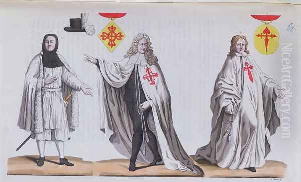 Knights of Calatrava in War Costume, Ceremonial Costume and as a Knight of the Order of St. James, illustration from Costume Antico e Moderno by Guilio Ferrario, c.1820 Oil Painting by Vittorio Raineri