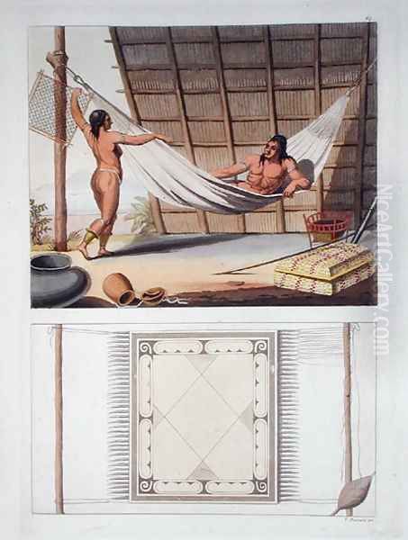 Domestic interior, Carib tribe, Dutch Antilles, plate 67 from Le Costume Ancien et Moderne by Jules Ferrario, published c.1820s-30s Oil Painting by Vittorio Raineri