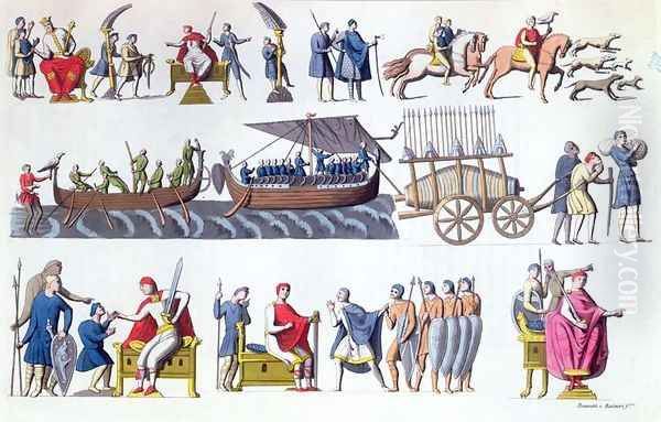 Harold II c.1022-66 leading his troops and other scenes from the Bayeux Tapestry, from Costumes Ancien et Moderne by Jules Ferrario, engraved by G. Bramatti, Milan, 1820 Oil Painting by Vittorio Raineri