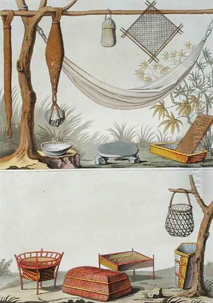 Domestic Tools and Furniture, Carib Tribe, Dutch Antilles, plate 69 from Le Costume Ancien et Moderne by Jules Ferrario, published c.1820s-30s Oil Painting by Vittorio Raineri