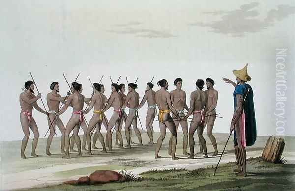 War Dance of the Caroline Islanders, plate 22 from Le Costume Ancien et Moderne by Jules Ferrario, published c.1820s-30s Oil Painting by Vittorio Raineri