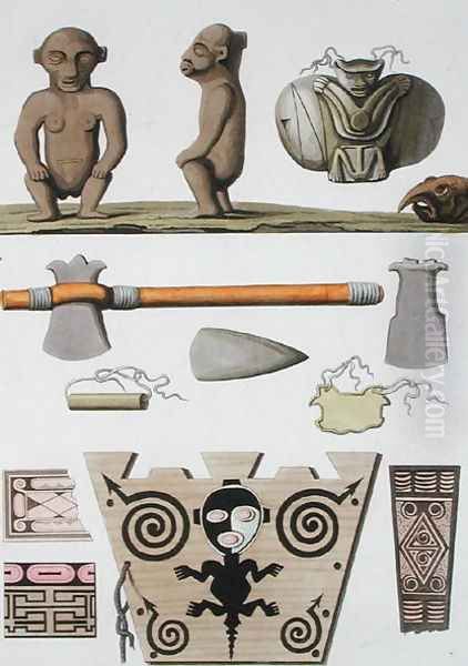 Idols and Ceremonial Weapons, Carib Tribe, Dutch Antilles, plate 70 from Le Costume Ancien et Moderne by Jules Ferrario, published c.1820s-30s Oil Painting by Vittorio Raineri