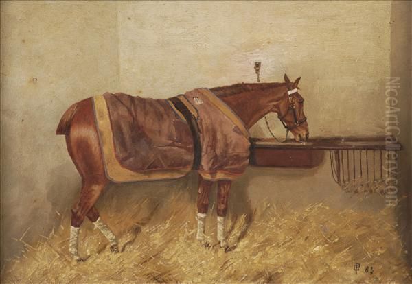 A Bay Horse At A Manger In A Stable Interior Oil Painting by George Paice