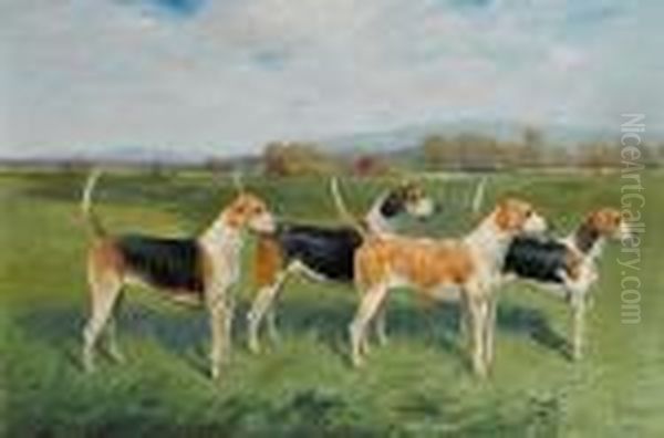 Prize Fox Hounds In A Landscape Oil Painting by George Paice