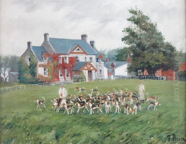 Hounds And Attendant Figures Before A Country House Oil Painting by George Paice