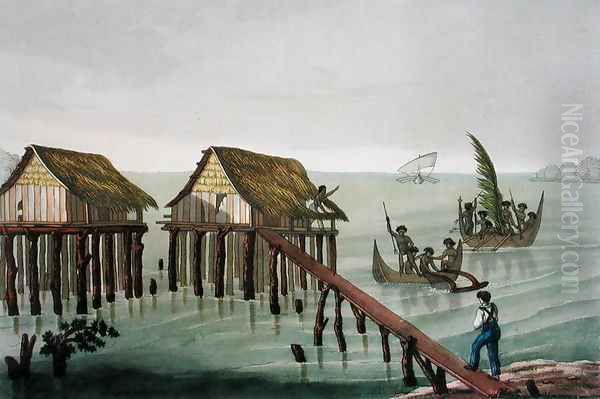 Habitations of the Papu Tribe, Rawak, plate 22 from Le Costume Ancien et Moderne by Jules Ferrario, published c.1820s-30s Oil Painting by Vittorio Raineri