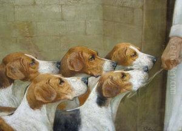 Group Portrait Of Five Hunting Hounds Oil Painting by George Paice