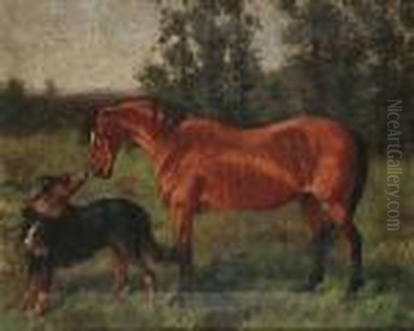 A Horse And Dog In A Meadow Oil Painting by George Paice