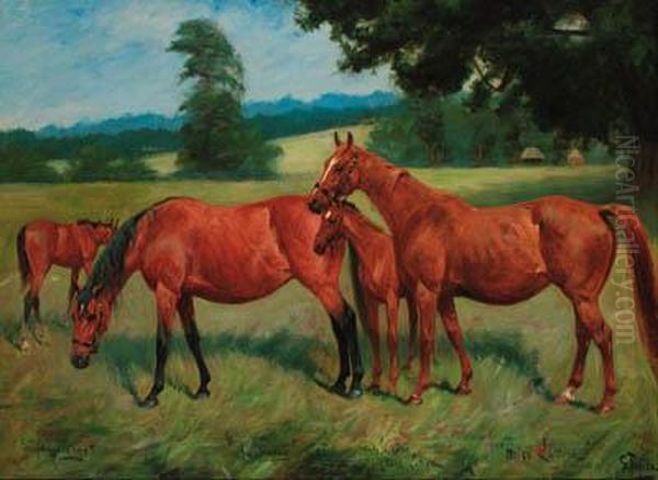 Brood Mares Amphinome And Miss Lettice With Their Foals In Anextensive Landscape Oil Painting by George Paice