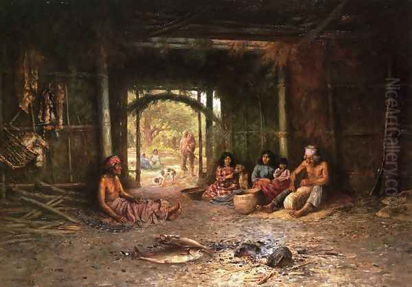 Interior of a Pomo Dwelling Oil Painting by Henry Raschen