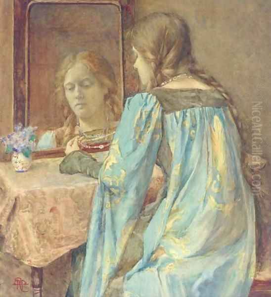 Lady in medieval dress at her toilette Oil Painting by Henry Meynell Rheam