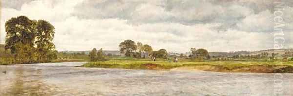 Figures on the banks of the Thames, an extensive landscape beyond Oil Painting by Henry Meynell Rheam