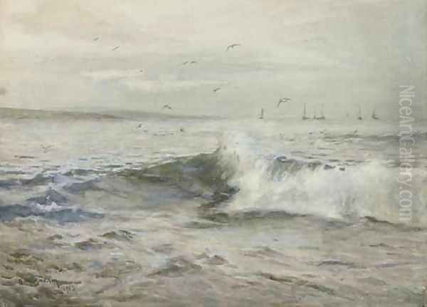 Gulls playing in the surf off the Cornish coast Oil Painting by Henry Meynell Rheam