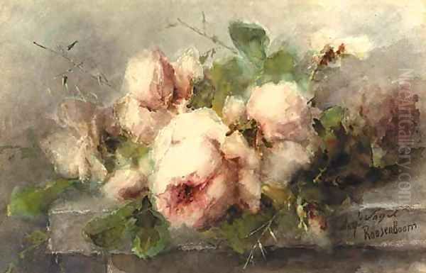 Pink roses on a ledge by Margaretha Roosenboom