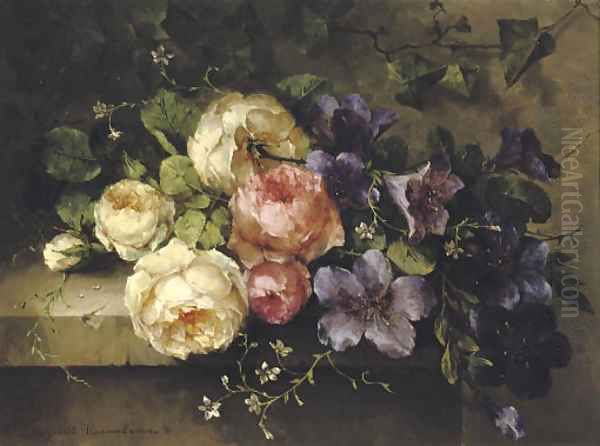 Bouquet de roses et de mauves sur une tablette a mixed bouquet on a ledge Oil Painting by Margaretha Roosenboom