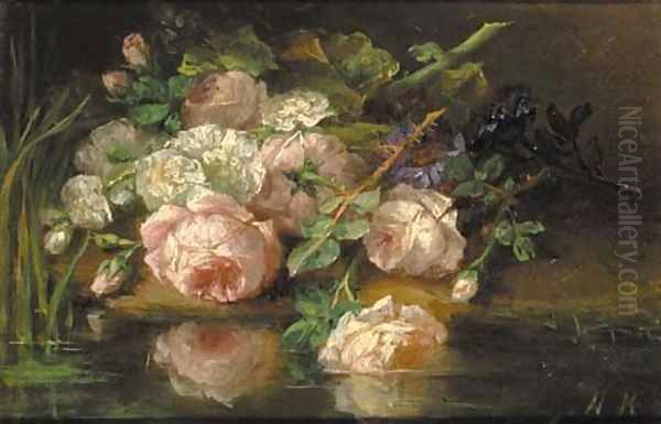 A bouquet of flowers at the water's edge Oil Painting by Margaretha Roosenboom