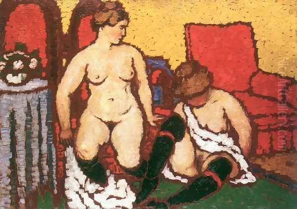 Girls Getting Dressed red furniture and yellow wall 1912-13 Oil Painting by Jozsef Rippl-Ronai