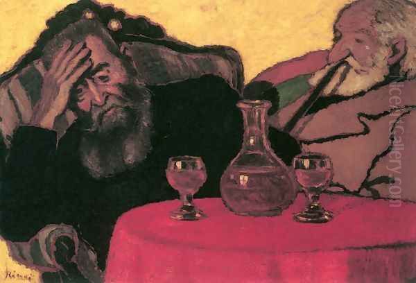 Father and Uncle Piacsek Drinking Red Wine 1907 Oil Painting by Jozsef Rippl-Ronai