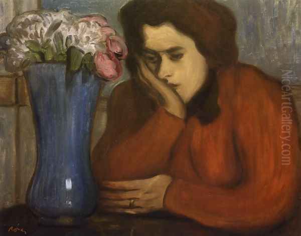 Pensive Woman with Vase of Flowers Oil Painting by Jozsef Rippl-Ronai