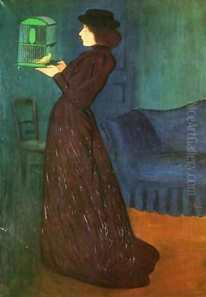 Woman with a Birdcage Oil Painting by Jozsef Rippl-Ronai