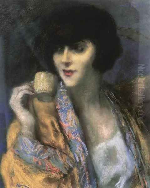 Woman with a Chinese Cup 1920 Oil Painting by Jozsef Rippl-Ronai