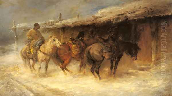 Wallachian Horsemen in the Snow Oil Painting by Emil Rau