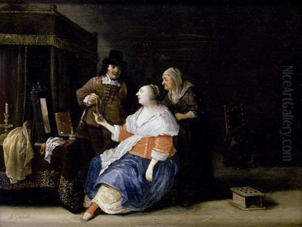 Interior With A Young Girl And A Gentleman Accompanied By An Older Lady Oil Painting by Antonie Palamedesz