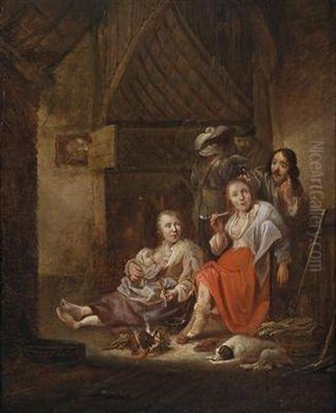 Rustic Interior With Figures Near Afireplace Oil Painting by Antonie Palamedesz