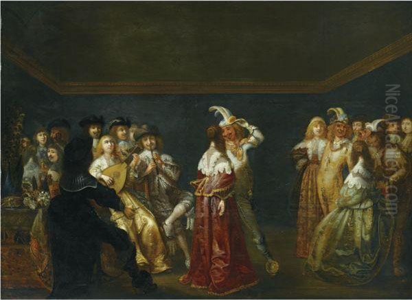 A Bal Masque With Figures In An Interior Oil Painting by Antonie Palamedesz