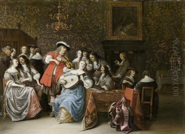 Interior With People Playing Music. Oil Painting by Antonie Palamedesz