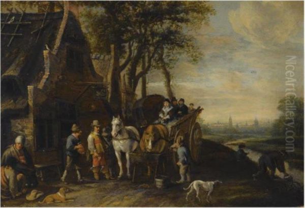 Travellers In A Horse-drawn 
Wagon And Other Figures Outside An Inn,a View Of Delft With The Oude And
 Nieuwe Kerk Beyond Oil Painting by Antonie Palamedesz