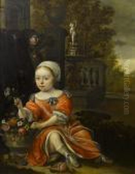 Portrait Of A Young Girl Wearing
 A Red Dressand Seated By An Urn Of Flowers In A Formal Garden Oil Painting by Antonie Palamedesz