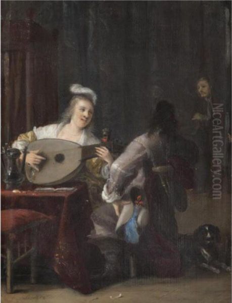 A Tavern Interior With A Lady Playing A Lute And A Courting Cavalier Kneeling Beside Her Oil Painting by Antonie Palamedesz