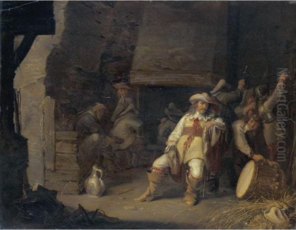 A Guardroom Interior With An Officer Smoking A Pipe Soldiers Sitting Before A Fireplace Oil Painting by Antonie Palamedesz