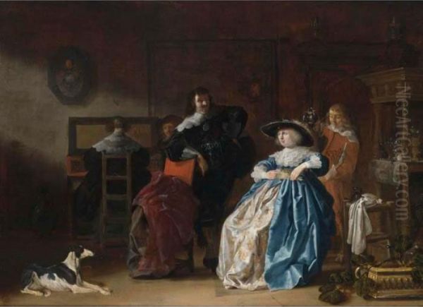 An Elegant Couple Conversing, 
Another Couple At A Virginal Together With A Servant In An Interior Oil Painting by Antonie Palamedesz