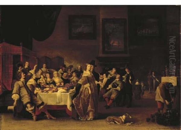 Elegant Company At A Banquet In An Interior Oil Painting by Antonie Palamedesz