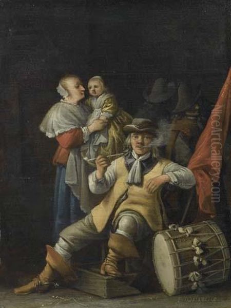 Soldier Smoking Pipe And Woman With Child Oil Painting by Antonie Palamedesz